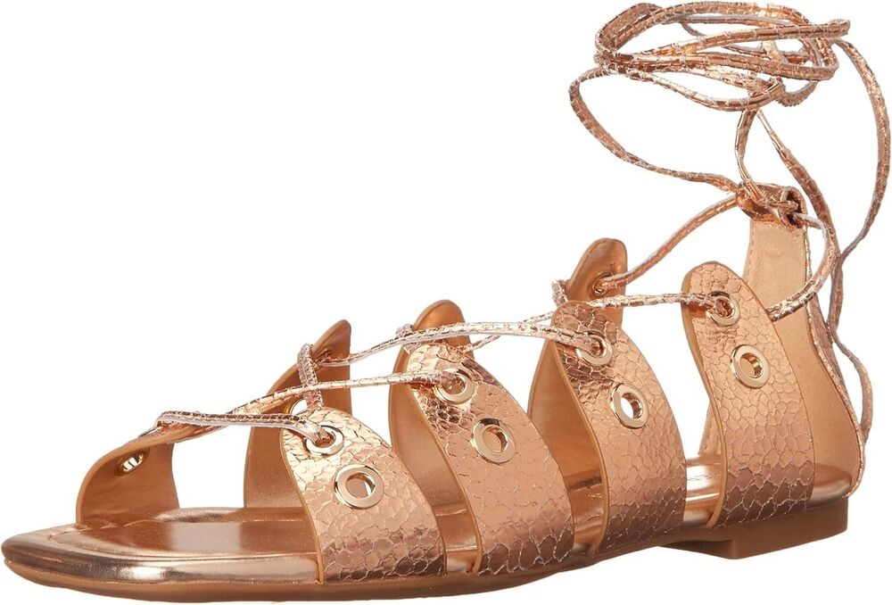 AEROSOLES Kathleen Rose Gold Gladiator Lace Up Snake Flat Leather Sandals 8,5